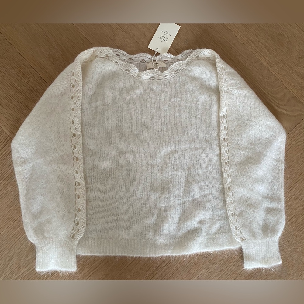 Sezane White Lace Trim Sweater